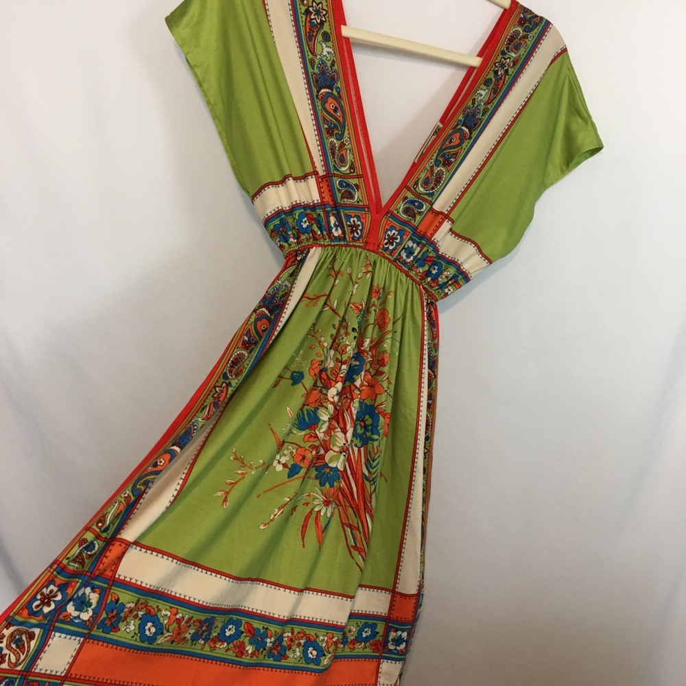 Flying Tomato Green Floral Border V-Neck Maxi Dress with Orange Accents